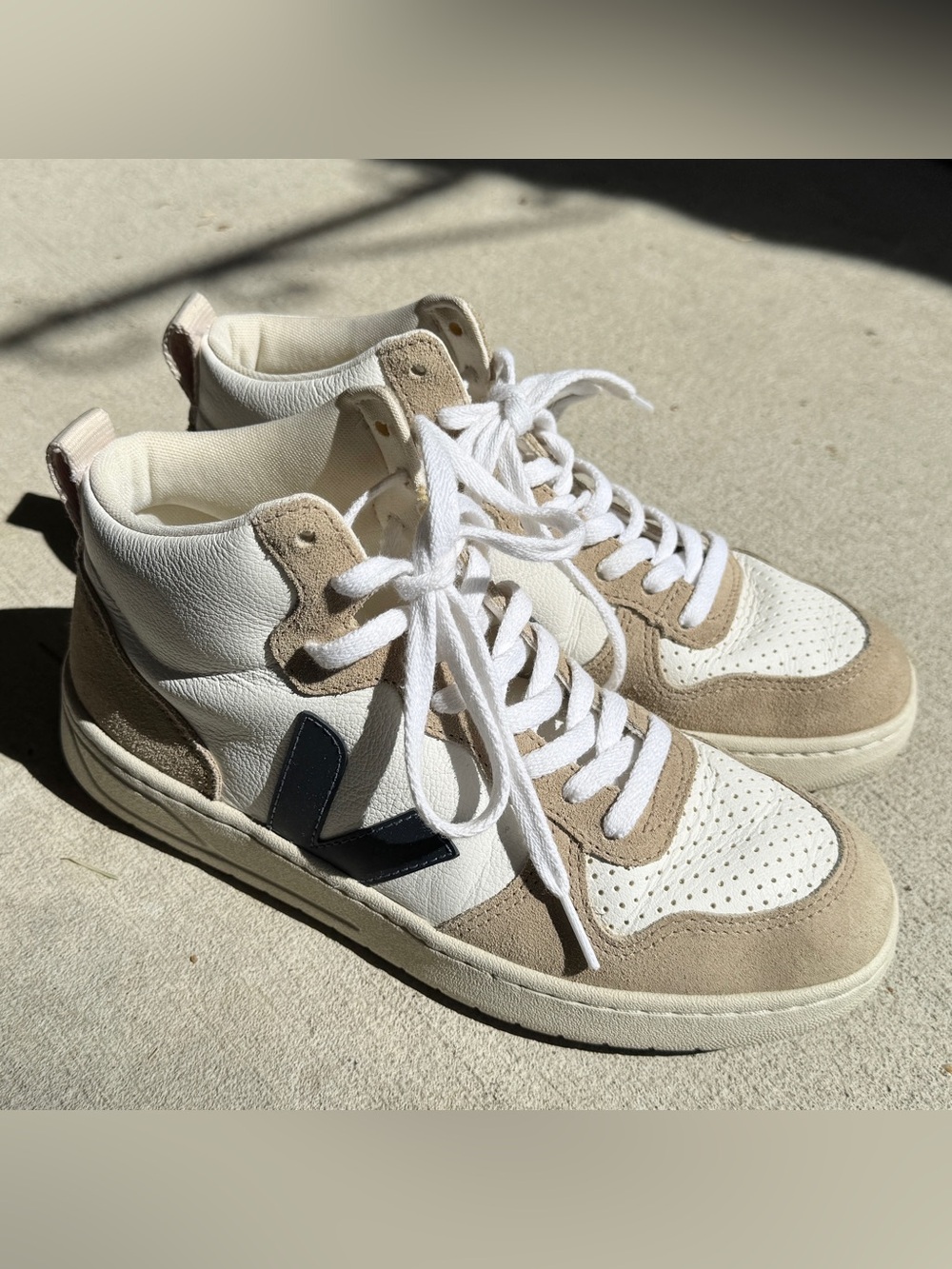 Veja High-Top Leather Sneakers in White and Beige with Navy Accent